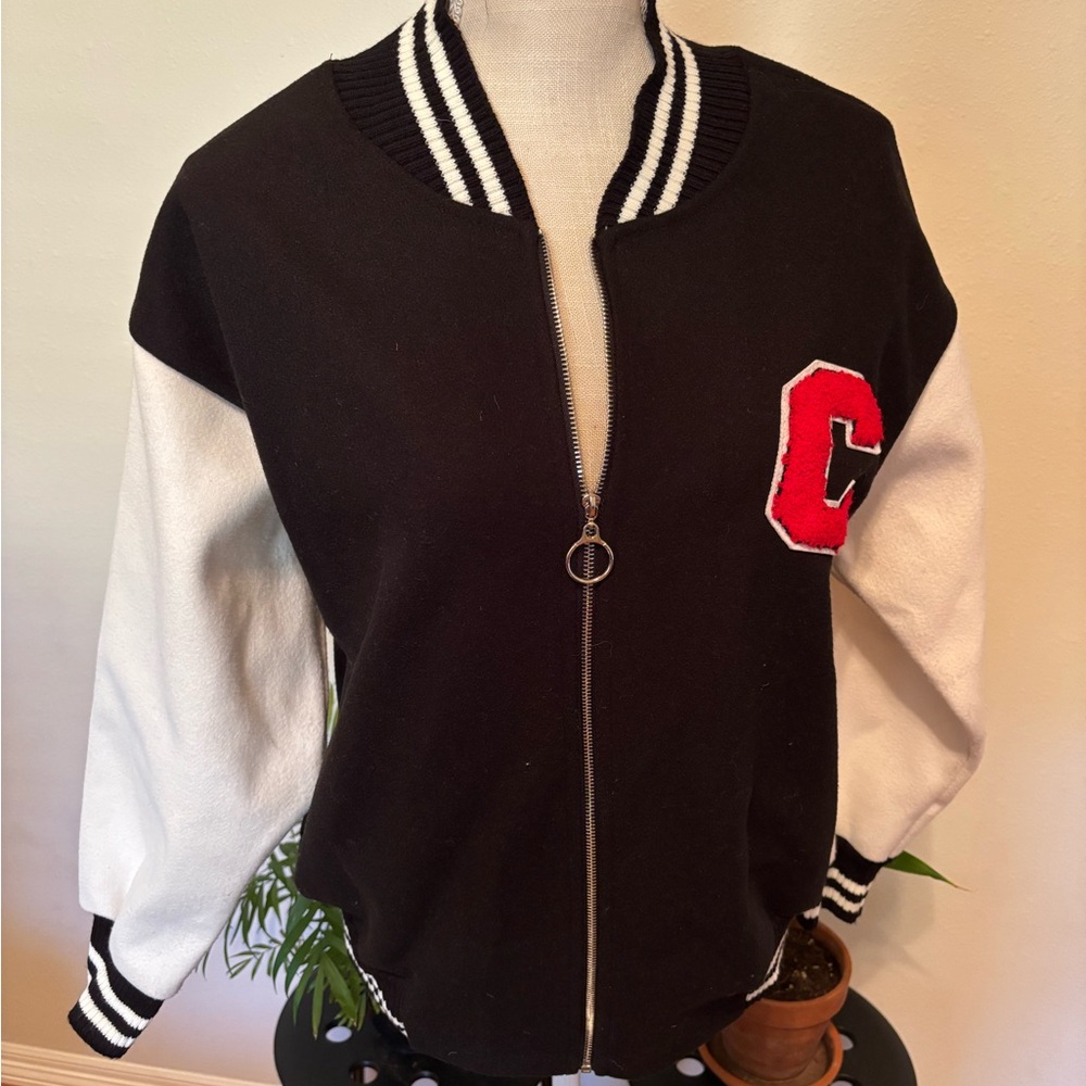 Black and White Varsity Jacket with Red Letter Patch